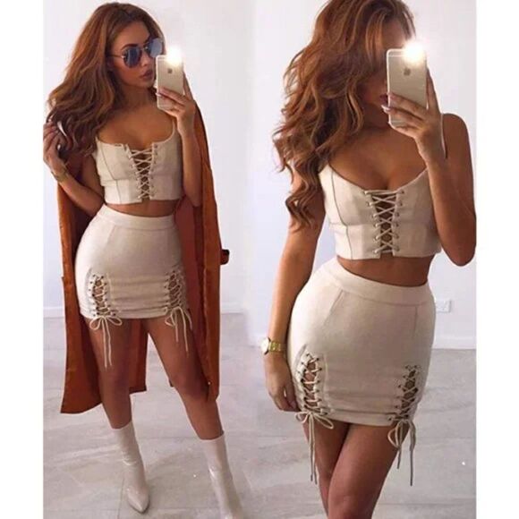 White Faux Suede High Waist Lace Up Corset Bodycon Stretch Short Mini Skirt - Picture 5 of 7
